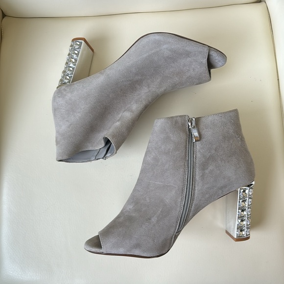 Town Shoes Grey Suede Open Toe Booties with Crystal Heels - Picture 3 of 9